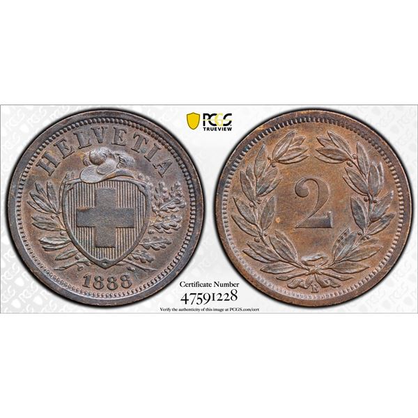 SWITZERLAND: Confederation, AE 2 rappen, 1888-B, PCGS MS63 BN