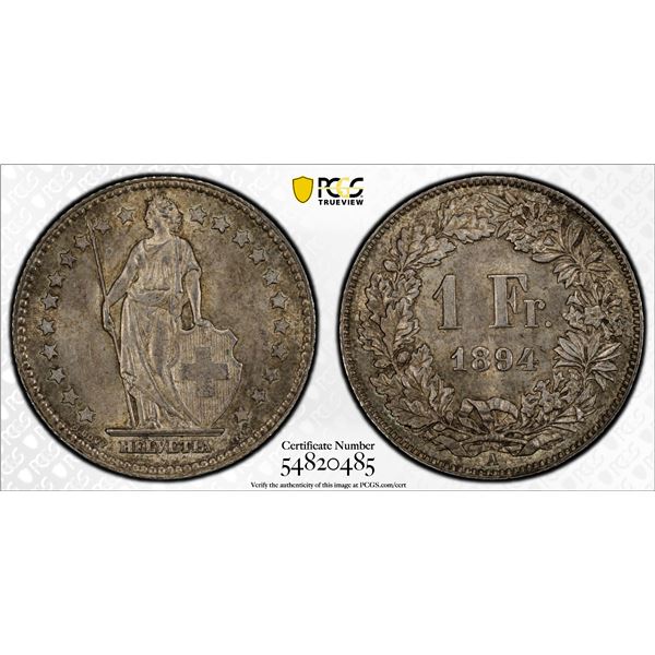 SWITZERLAND: Confederation, AR franc, 1894, PCGS MS63