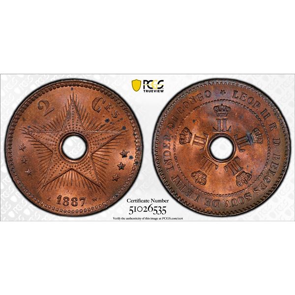 BELGIAN CONGO: Leopold II, 1885-1909, AE 2 centimes, 1887, PCGS MS64 RB