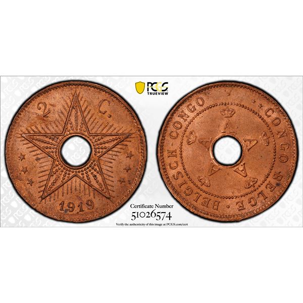BELGIAN CONGO: Albert I, 1909-1934, AE 2 centimes, 1919, PCGS MS65 RB