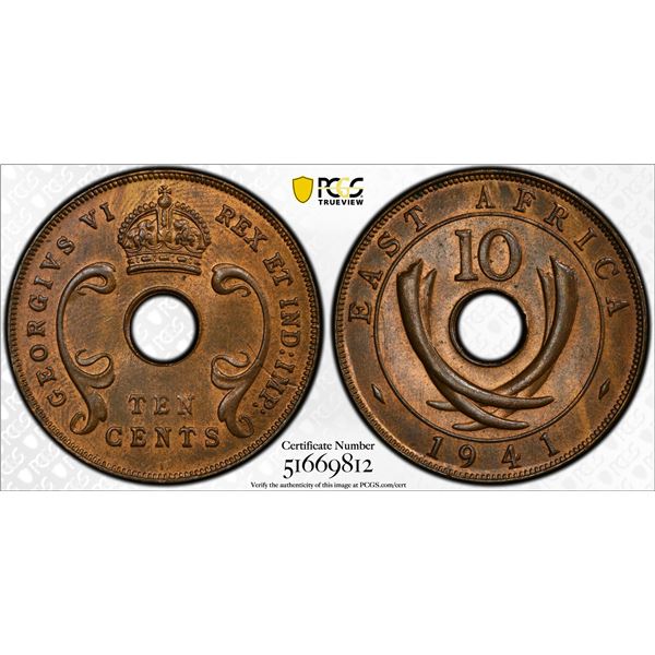 EAST AFRICA & UGANDA: George VI, 1936-1952, AE 10 cents, 1941-I, PCGS MS63 RB