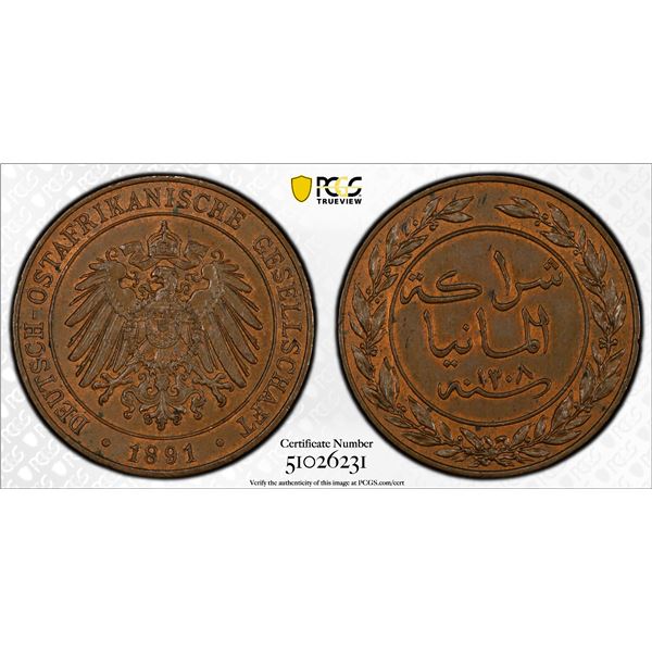 GERMAN EAST AFRICA: Wilhelm II, 1891-191, AE pesa, 1891/AH1308, PCGS MS64 BN