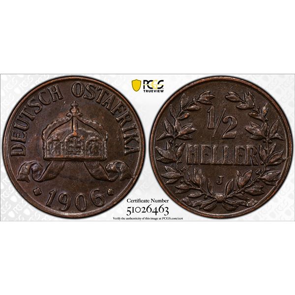 GERMAN EAST AFRICA: Wilhelm II, 1888-1918, AE 1/2 heller, 1906-J, PCGS MS62 BN