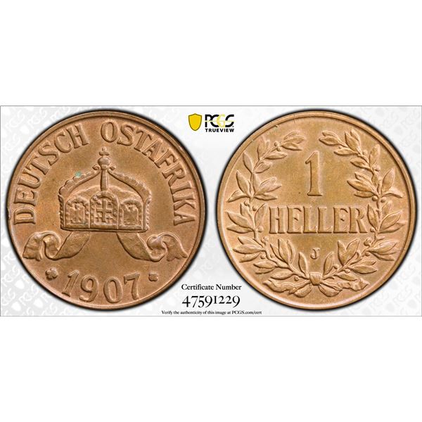GERMAN EAST AFRICA: Wilhelm II, 1888-1918, AE heller, 1907-J, PCGS MS65 RB