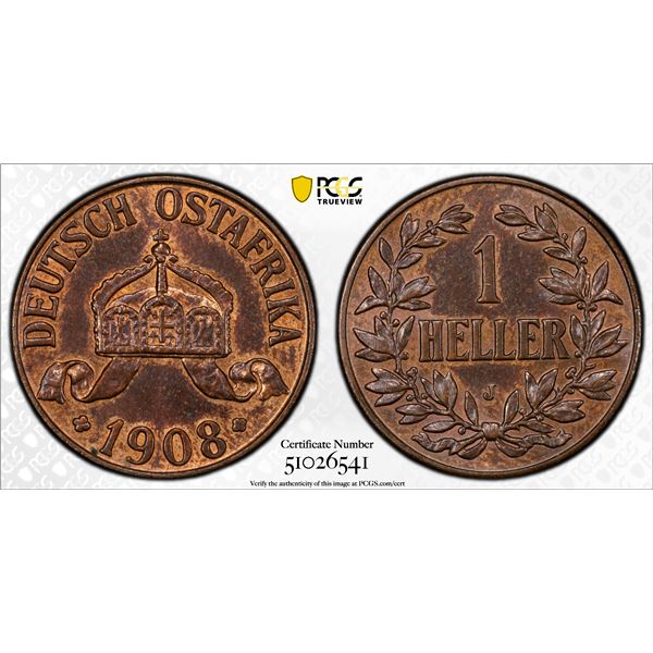 GERMAN EAST AFRICA: Wilhelm II, 1888-1918, AE heller, 1908-J, PCGS MS63 BN