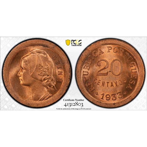 GUINEA-BISSAU: Portuguese Colony, AE 20 centavos, 1933, PCGS MS65 RD
