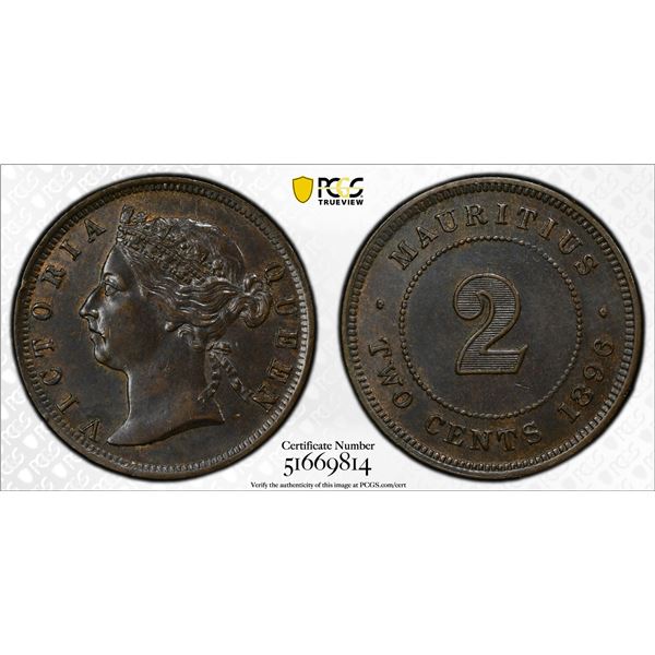 MAURITIUS: Victoria, 1837-1901, AE 2 cents, 1896, PCGS MS62 BN
