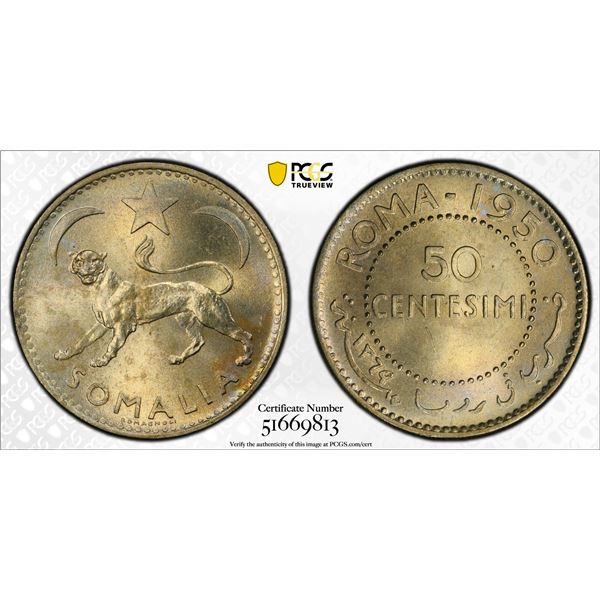 SOMALIA: Trust Territory, AR 50 centesimi, 1950, PCGS MS64