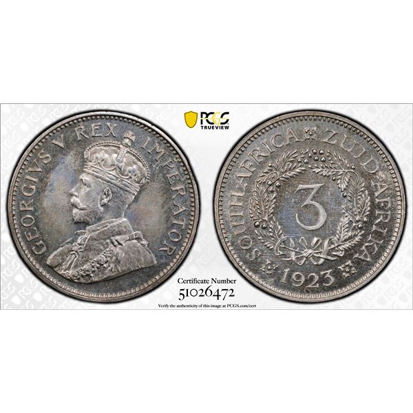 SOUTH AFRICA: George V, 1910-1936, AR 3 pence, 1923, PCGS Proof 63