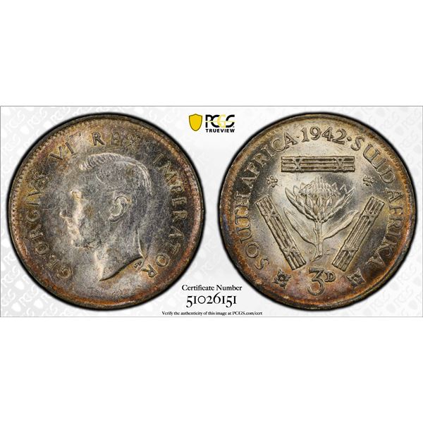 SOUTH AFRICA: George VI, 1936-1952, AR 3 pence, 1942, PCGS MS62