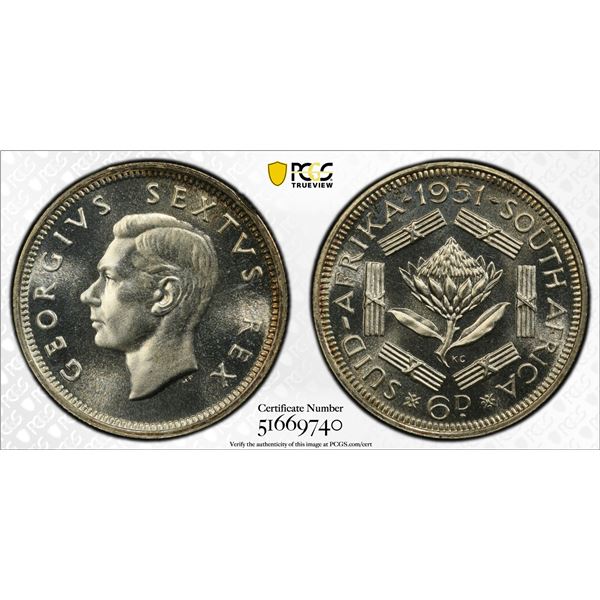 SOUTH AFRICA: George VI, 1936-1952, AR 6 pence, 1951, PCGS Proof 67