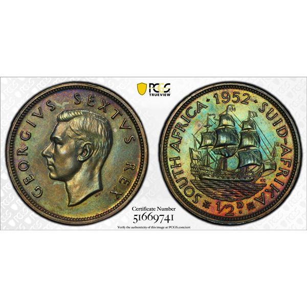 SOUTH AFRICA: George VI, 1936-1952, AE 1/2 penny, 1952, PCGS PF64 BN