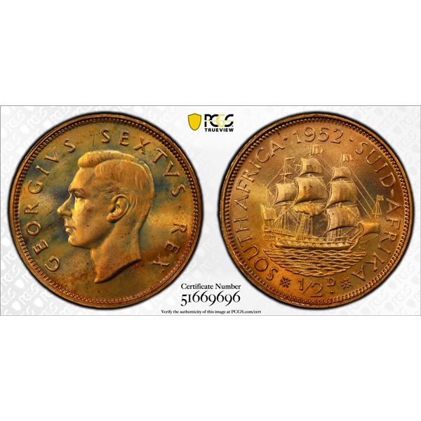 SOUTH AFRICA: George VI, 1936-1952, AE 1/2 penny, 1952, PCGS Proof 66 Red