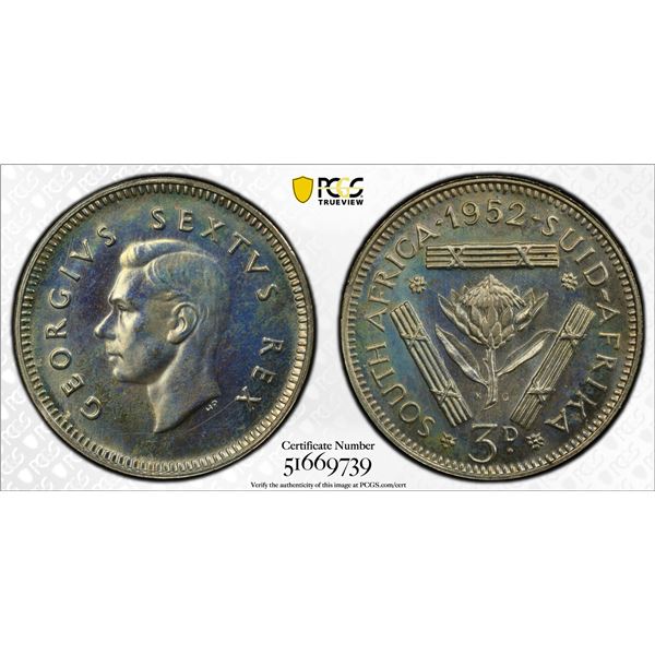 SOUTH AFRICA: George VI, 1936-1952, AR 3 pence, 1952, PCGS Proof 64