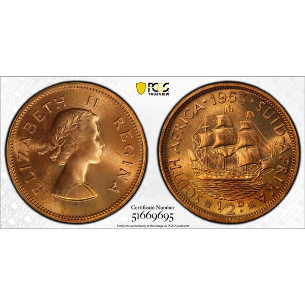 SOUTH AFRICA: Elizabeth II, 1952-1961, AE 1/2 penny, 1953, PCGS Proof 66 Red