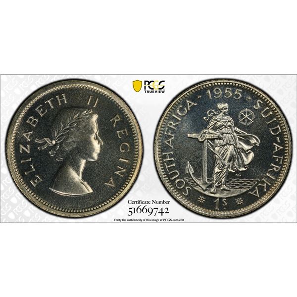 SOUTH AFRICA: Elizabeth II, 1952-1961, AR shilling, 1955, PCGS Proof 66