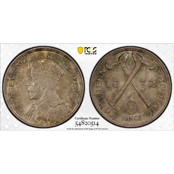 SOUTHERN RHODESIA: George V, 1910-1936, AR 6 pence, 1932, PCGS MS65