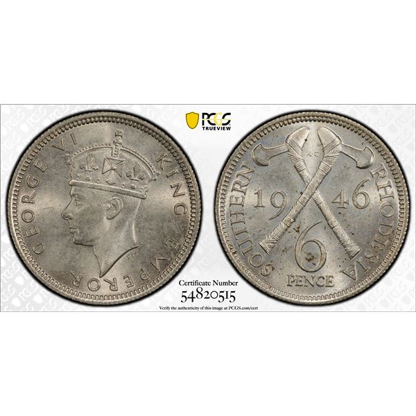 SOUTHERN RHODESIA: George VI, 1936-1952, AR 6 pence, 1946, PCGS MS64