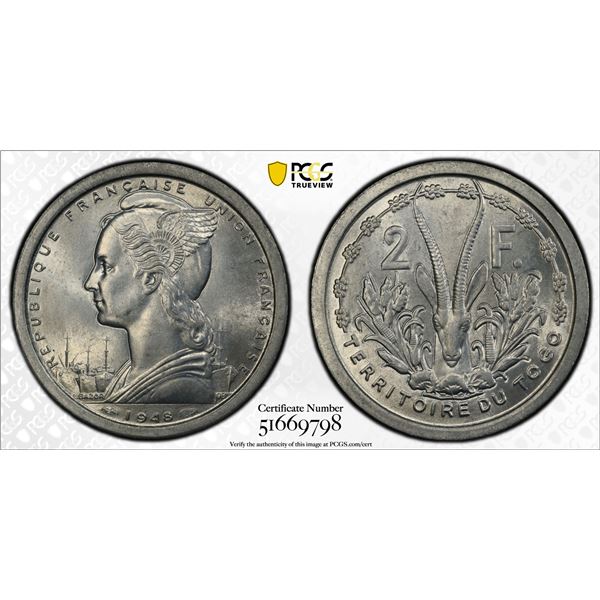 TOGO: French Union, 2 francs, 1948, PCGS MS64