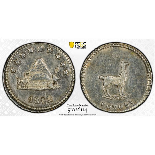 BOLIVIA: Republic, AR 1/4 sol, Potosi, 1852, PCGS Unc