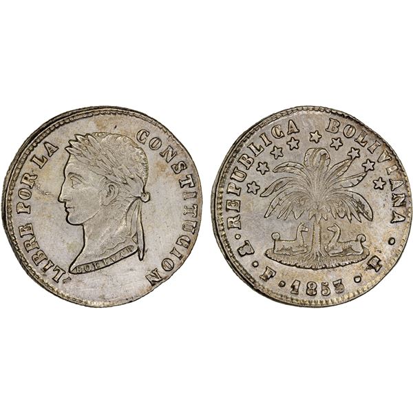 BOLIVIA: Republic, AR 2 soles, 1853-PTS, XF to AU