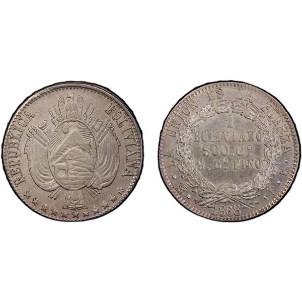 BOLIVIA: Republic, AR boliviano, Potosi, 1868/7-PTS, PCGS AU53