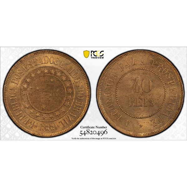 BRAZIL: Republic, AE 40 reis, 1889, PCGS MS64 RB