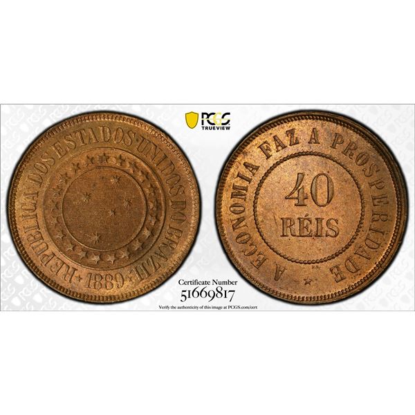 BRAZIL: Republic, AE 40 reis, 1889, PCGS MS64 RB