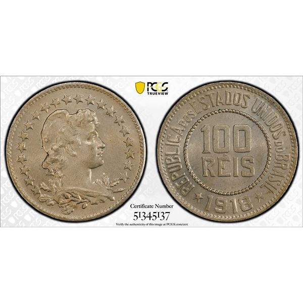 BRAZIL: Republic, 100 reis, 1918, PCGS MS65