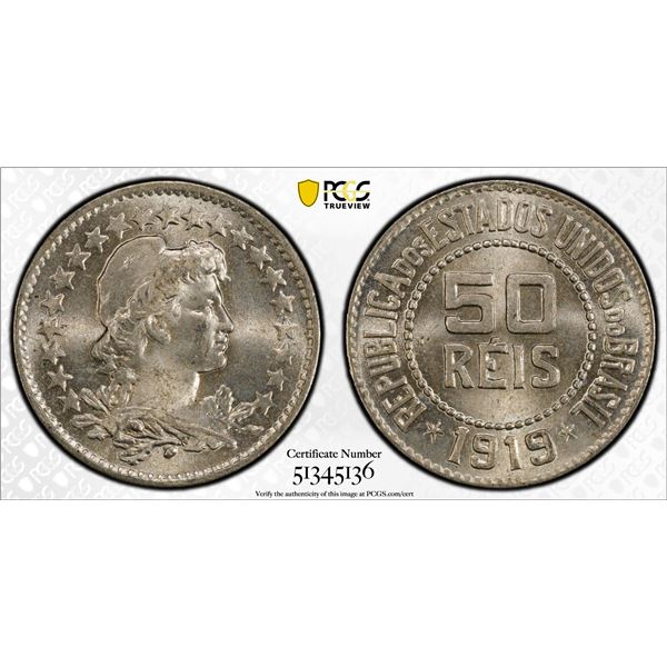 BRAZIL: Republic, 50 reis, 1919, PCGS MS64