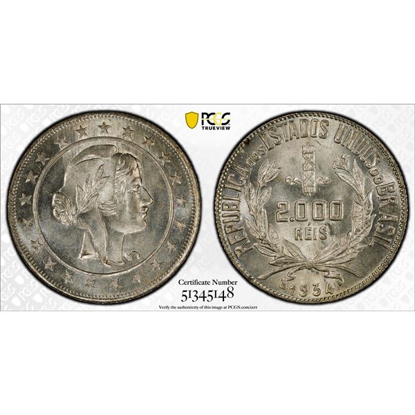 BRAZIL: Republic, AR 2000 reis, 1934, PCGS MS66