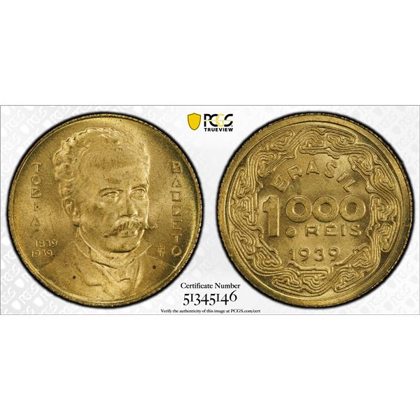 BRAZIL: Republic, 1000 reis, 1939, PCGS MS65