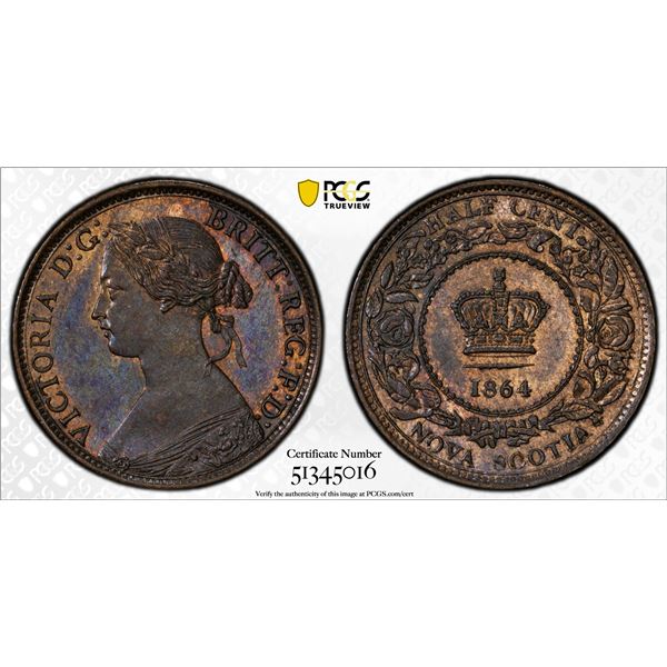 CANADA: NOVA SCOTIA: Victoria, 1837-1867, AE 1/2 cent, 1864, PCGS MS64 BN