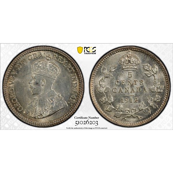 CANADA: George V, 1910-1936, AR 5 cents, 1912, PCGS UNC details