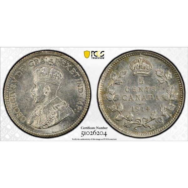 CANADA: George V, 1910-1936, AR 5 cents, 1914, PCGS MS63
