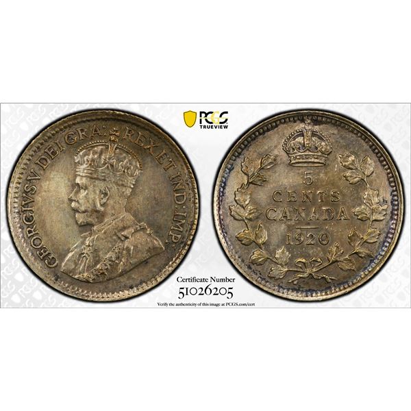 CANADA: George V, 1910-1936, AR 5 cents, 1920, PCGS AU details
