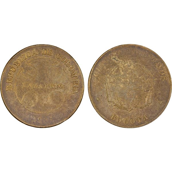 COLOMBIA: Leprosarium Coinage, AE 50 centavos, 1901, Choice XF