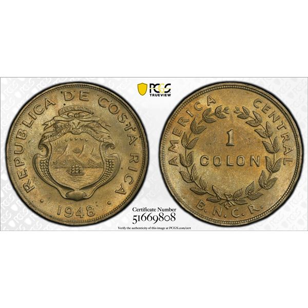 COSTA RICA: Republic, 1 colon, 1948, PCGS MS64