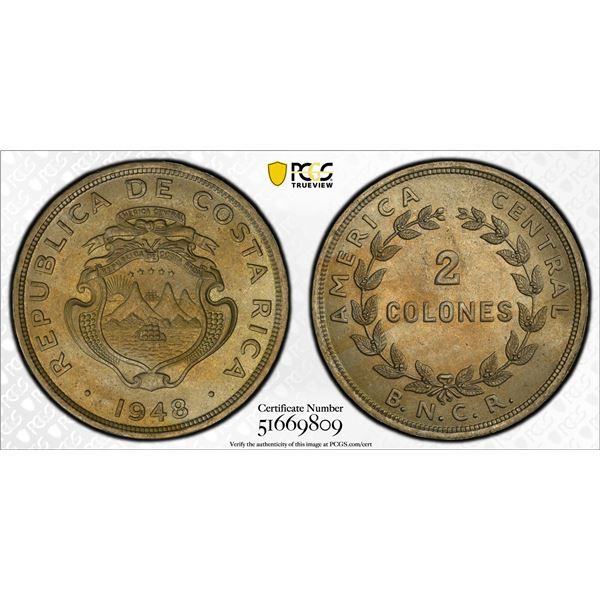 COSTA RICA: Republic, 2 colones, 1948, PCGS MS65