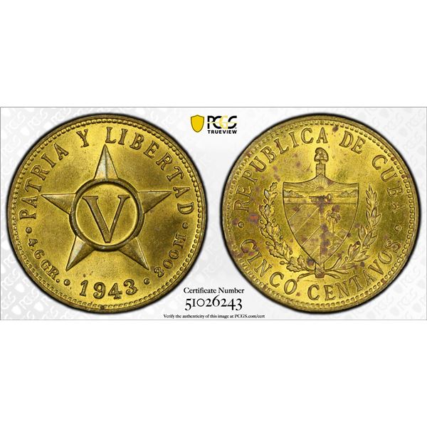 CUBA: Republic, 5 centavos, 1943, PCGS MS63