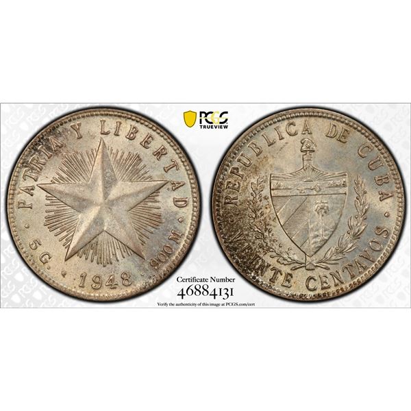 CUBA: Republic, AR 20 centavos, 1948, PCGS MS64