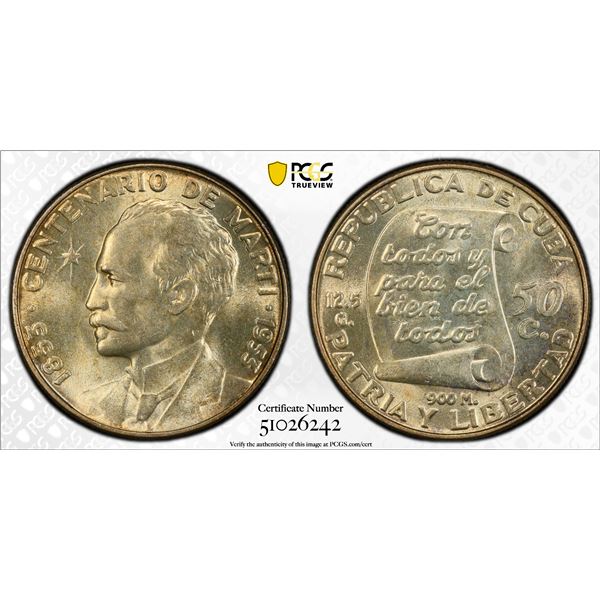 CUBA: Republic, AR 50 centavos, 1953, PCGS MS63