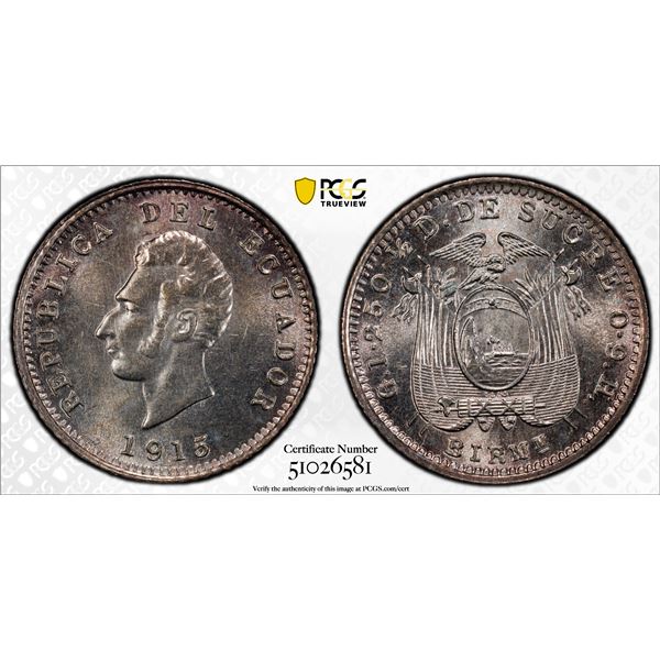 ECUADOR: Republic, AR 1/2 decimo, Birmingham, 1915, PCGS MS64