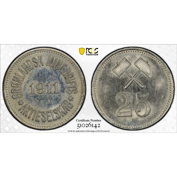 GREENLAND: 25 ore token, 1911, PCGS MS62