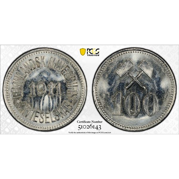GREENLAND: 100 ore token, 1911, PCGS MS64