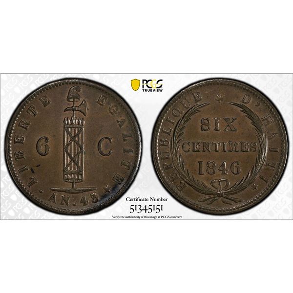 HAITI: First Republic, AE 6 centimes, 1846 An 43, PCGS MS62 BN