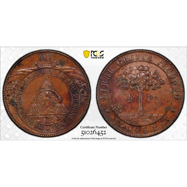 HONDURAS: Republic, AE 4 peso, 1862-TA, PCGS MS61 BN