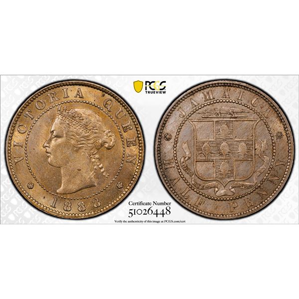 JAMAICA: Victoria, 1837-1901, 1/2 penny, 1888, PCGS MS63