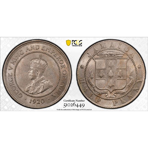 JAMAICA: George V, 1910-1936, 1/2 penny, 1920, PCGS MS62