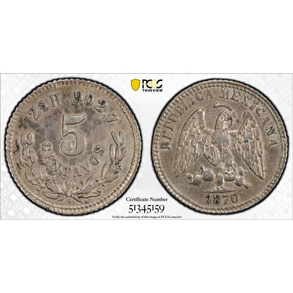 MEXICO: Republic, AR 5 centavos, 1870-Zs, PCGS AU details